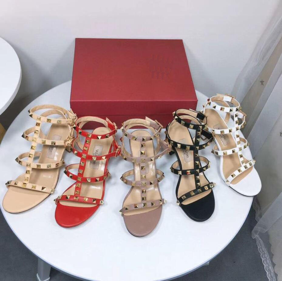 

2021 women leather stud sandals T-strap shoes summer High Heels rivets shoe Ladies Sexy party 6.5cm 14color with dust bag, Colour13