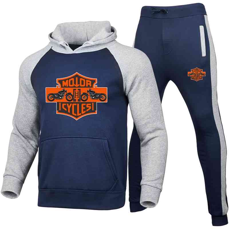 

Stitching Men's Sportswear Hoodie Sweater Set + Casual Pants Jogging Fashion Warm Motorcycle Brand Cycling Clothes, Black
