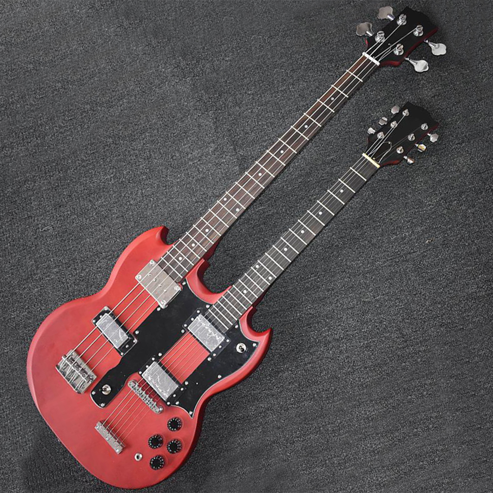 

Discounts! Matte Red Set-in Double Necks Electric Bass Guitar with Rosewood Fretboard,4+6 Strings,Can be Customized