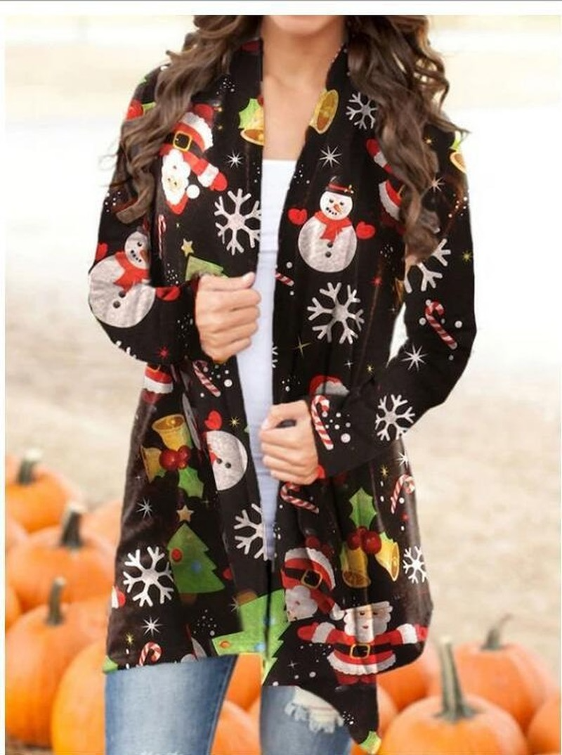 

Christmas snowman print casual long-sleeved cardigan women, Black1