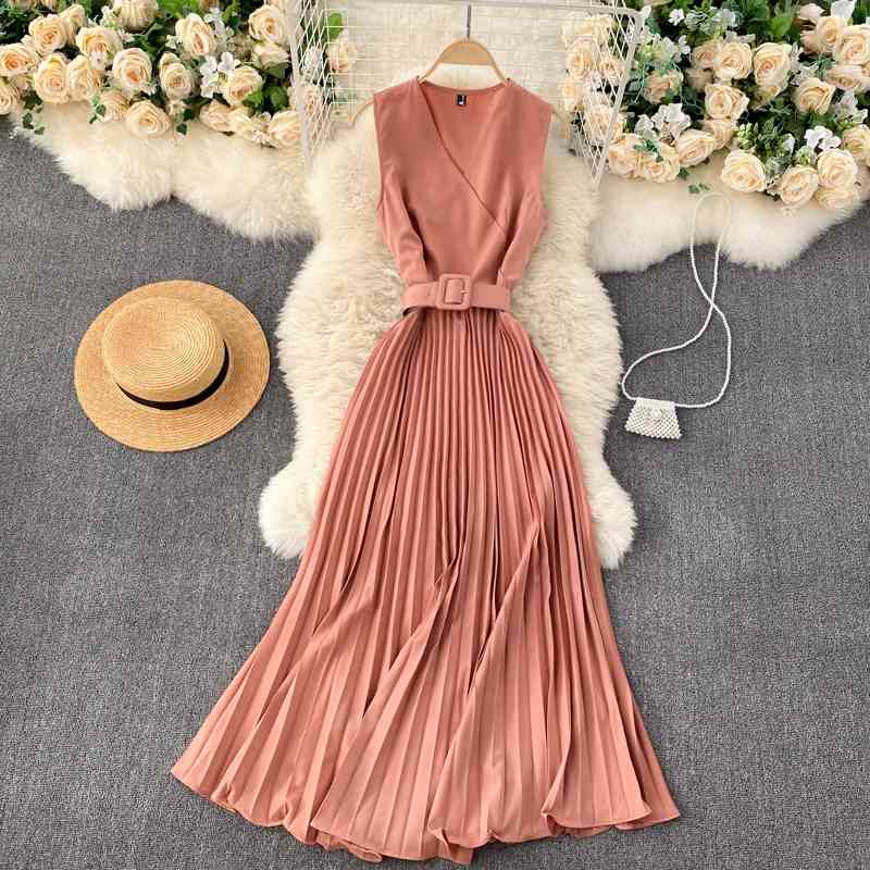 

Women Vintage Elegant Office Dress Summer Sleeveless Cross V-neck Tie Pleated Midi Dresses Ladies V Neck with Blet Long Robe 210602, Black