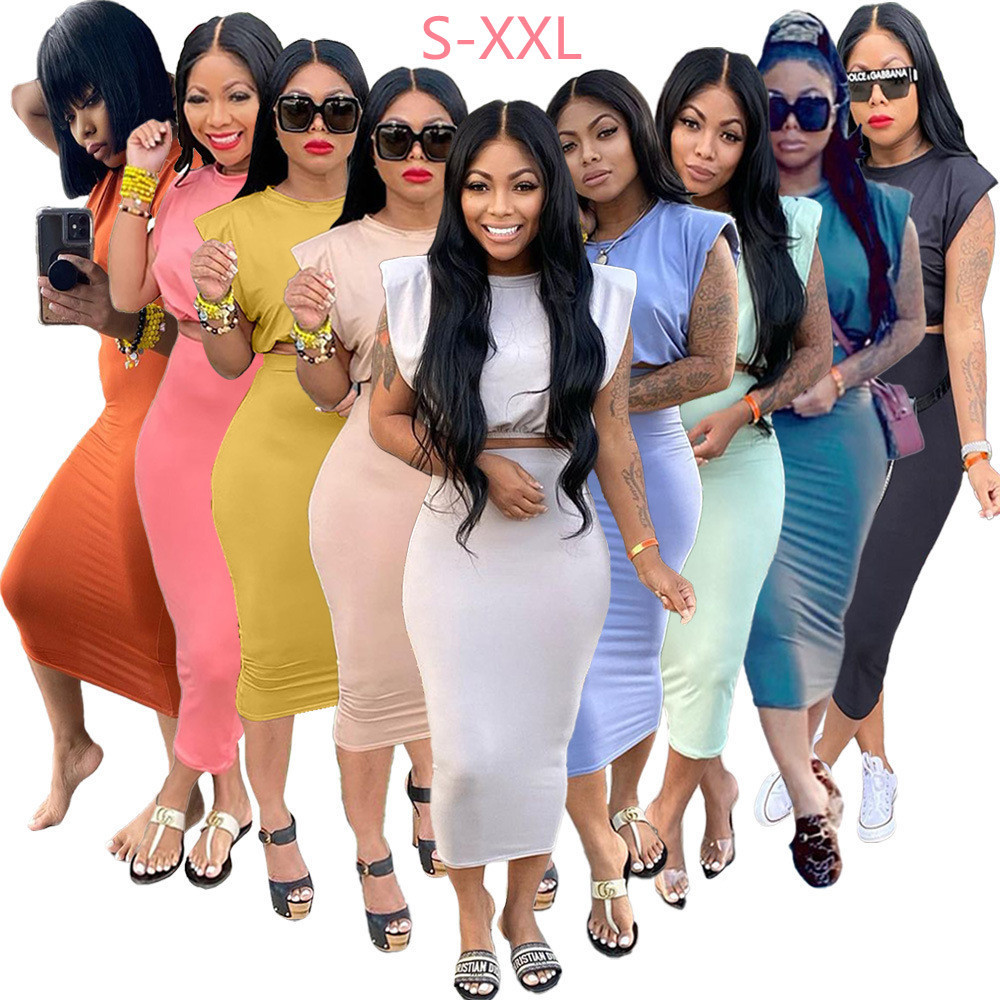 

Summer Women Two Piece Dress Sleeveless Shoulder Pad T-shirt One Step Skirt Versatile Fashion Casual dresses Suit, Mix color leave a message