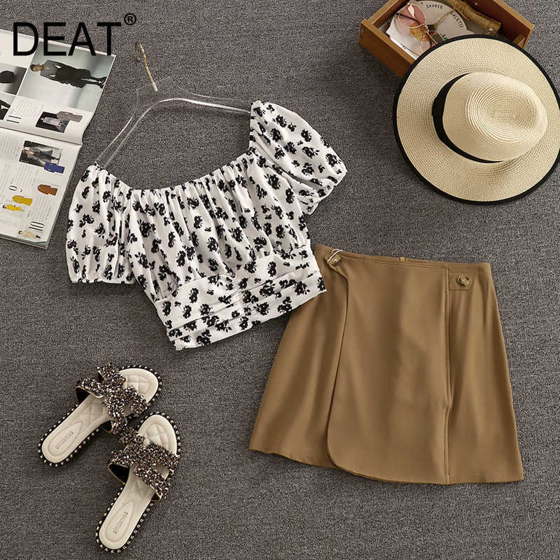 

DEAT Women Printing Slash Neck Top Asymmetrical Skirt Arrivals Short Two Piece Set Fashion Spring Summer 11D787 210709, White