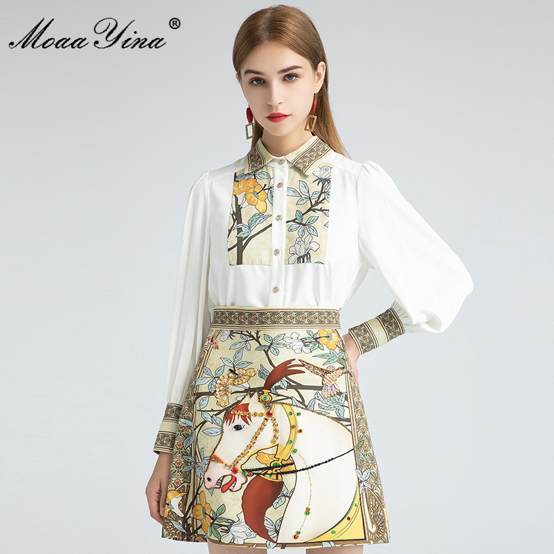 

Fashion Designer Set Autumn Women Long Sleeve Blouses Tops+Beading Sequined Print Skirt Vintage Two-piece suit 210524, White
