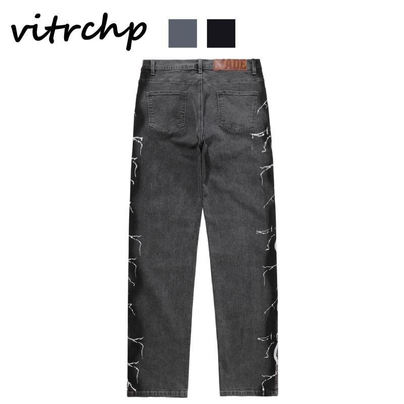 

Spring And Summer Men's Fashion Trend Hip-Hop Side Print Denim Loose Mid-Tube Trousers Jeans, Blue