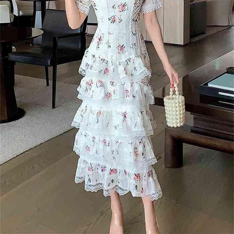 

White Elegant Dresses Women Summer Slim High Waist Square Collar Printed Vestidos Silk Vintage Party Dress For Woman Clothing 210603, Camel