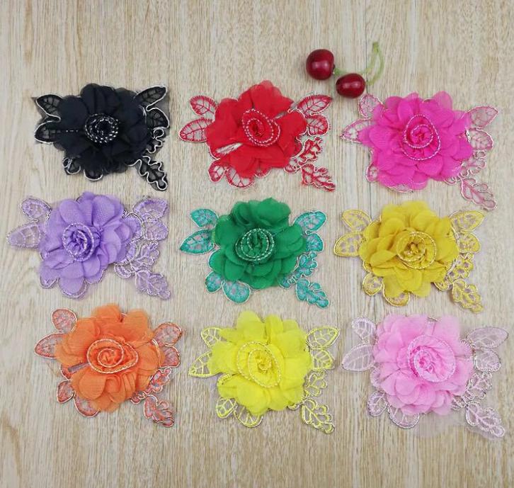 

2021 new Summer Style chiffon lace patch Flower with gold leaf for Children Accessories infant Baby Hair Clips, Red