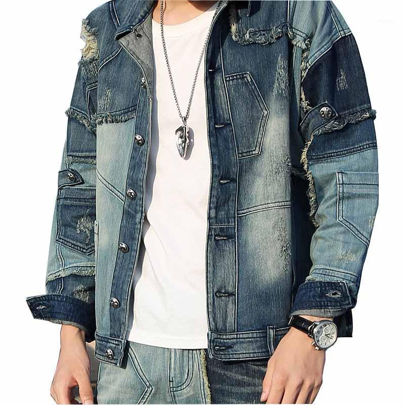 

Men's Jackets Spring Autumn Men High Street Ripped Denim Patchwork Streetwear Washed Outwear Tops For Male Brand Designer, Blue