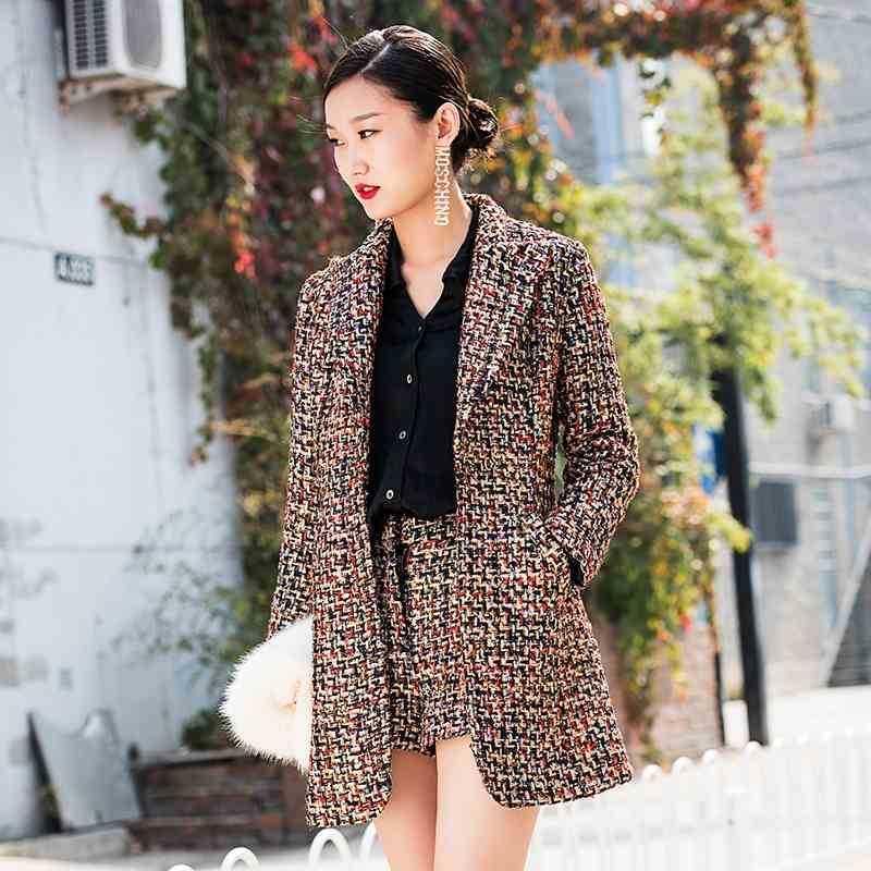 

ZAWFL Winter Celebrity Inspired Women Suits Shorts Set Coat 2 Piece Ladies Colorful Tweed Jackets+Front Mini Short 210525, Picture color