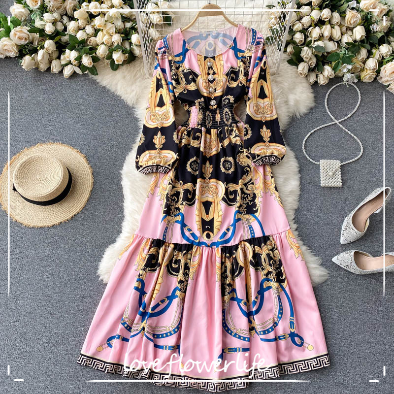 

Spring Elastic Ruched Vacation Long Dress Boho Retro Print Maxi Dress Women O Neck Puff Sleeve A-line Ruffles Dresses 210521, Red