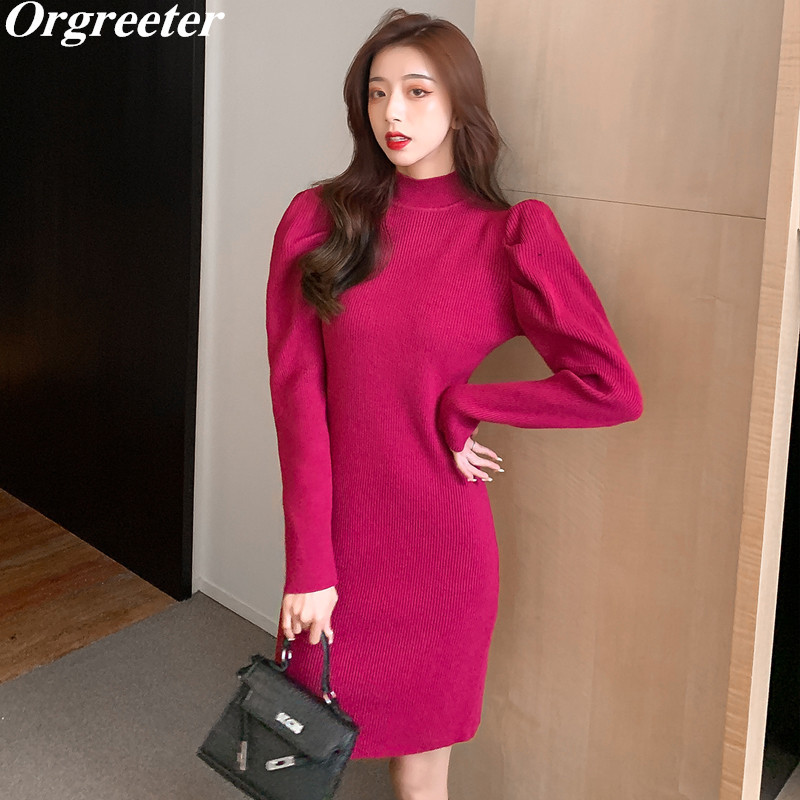 

Retro Puff sleeve Half Turtleneck Knitted Dress Fall Winter Sexy Slim Bodycon Sheath Mini Sweater Female 210525, Orange