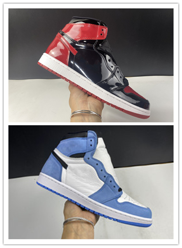 

With Box Men Women 1s Basketball Shoes 1 High OG University Blue Bred Patent Designer Luxury Trainer Athletic Sports Sneakers