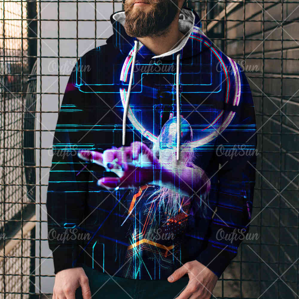 

2021 fashion spring and autumn new men's 3d sweater electronic punk style printed sports hoodie3ncu, Black