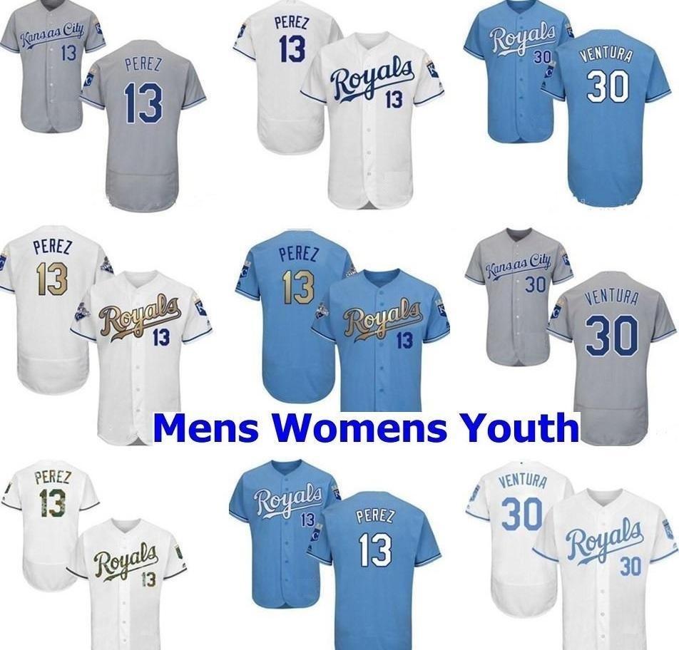

Men women youth kids KC Royals Jersey Mens 30 Yordano Ventura 13 Salvador Perez Home Blue White Grey Baseball Jerseys, As shown