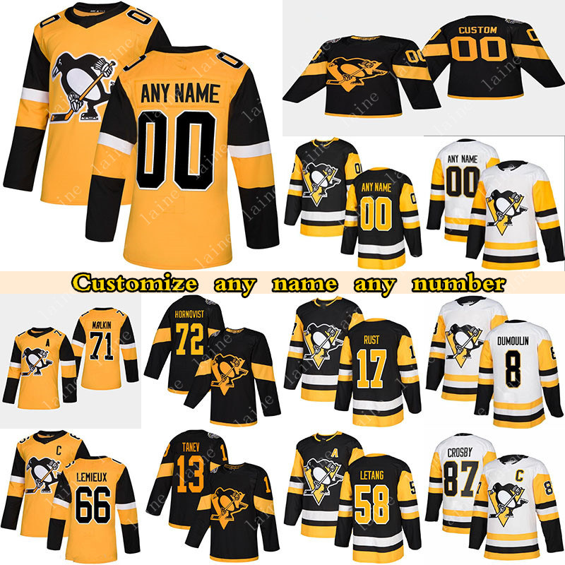 

Custom Pittsburgh Penguins hockey Jerseys 35 tristan jarry 66 Mario Lemieux 71 Evgeni Malkin 58 Kris Letang any number and name, Black and yellow