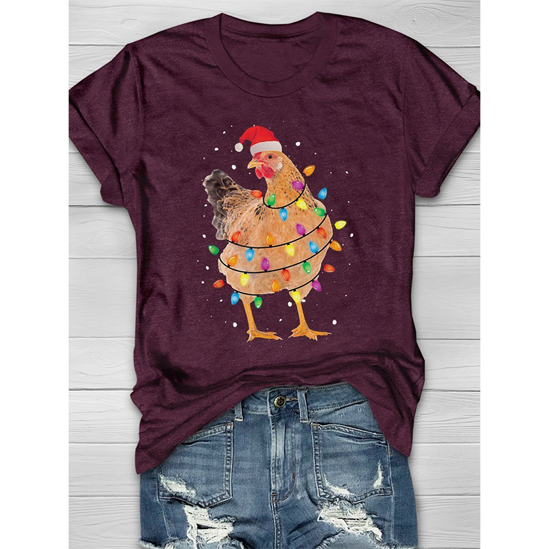 

Summer Ladies Top T-shirt Christmas Rooster Print Round Neck Street Casual Home Furnishing Short Sleeve Loose Comfortable, White