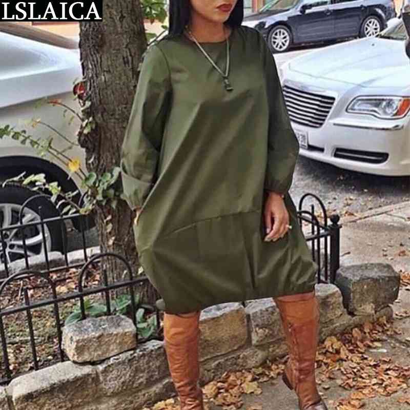 

Fashion Knee-Length Dress Solid Color Long Sleeve Arrival Dresses for Women O Neck Patchwork Casual Losse Sukienka Damska 210520, Green
