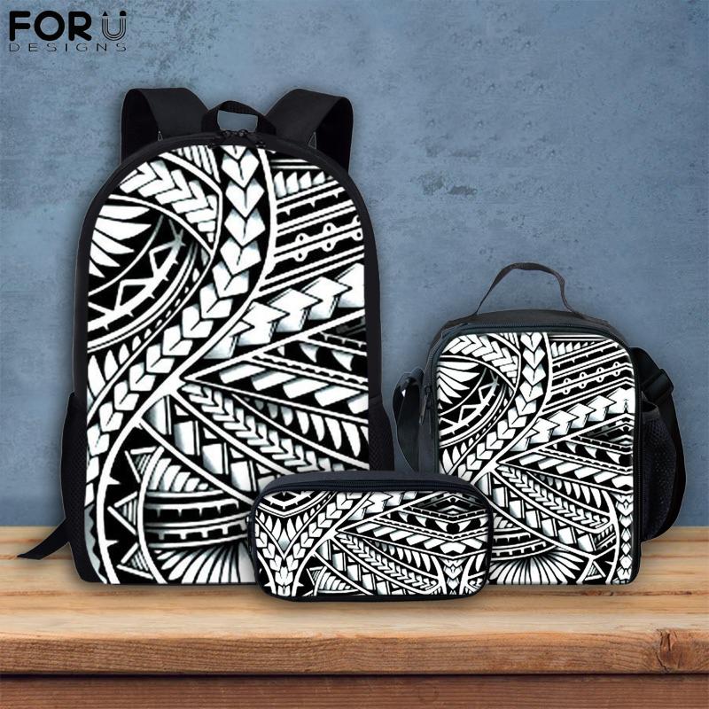 

School Bags FORUDESIGNS Fashion Polynesian Black And White Tribe Bookbags Children Boys Girls Student Backpack 3Pcs/Set Mochila Gifts