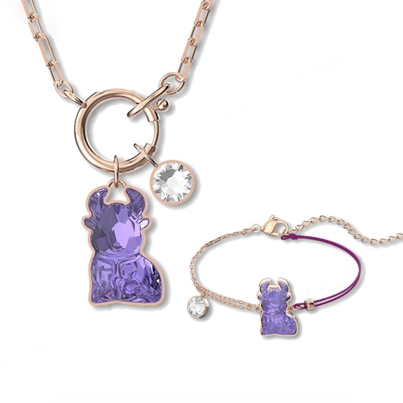 Pendentif Colliers 2021 Swa Mode Bijoux Haute Qualité Charmante Cristal Purple Zodiac Ox Année Femme Collier Femme Cadeau Romantique Cadeau