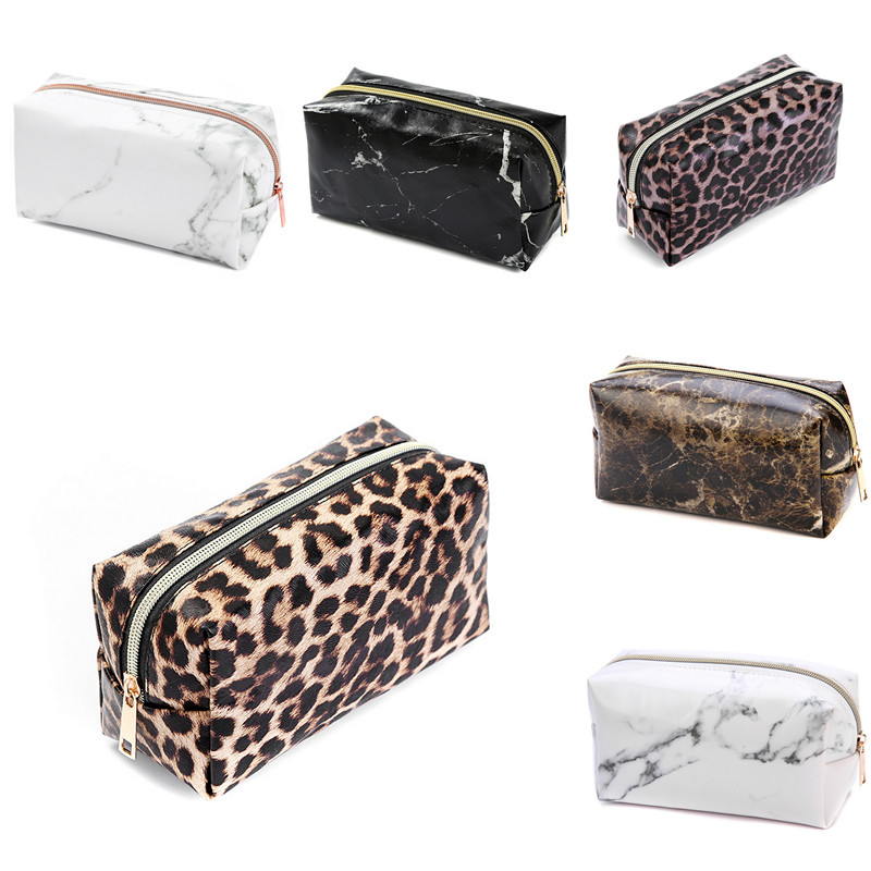 

Cosmetic Bag Purse Travel Waterproof Clutch Marble Leopard Print Storage Pouch Makeup Organizer Case Toiletry PU Zipper, Black