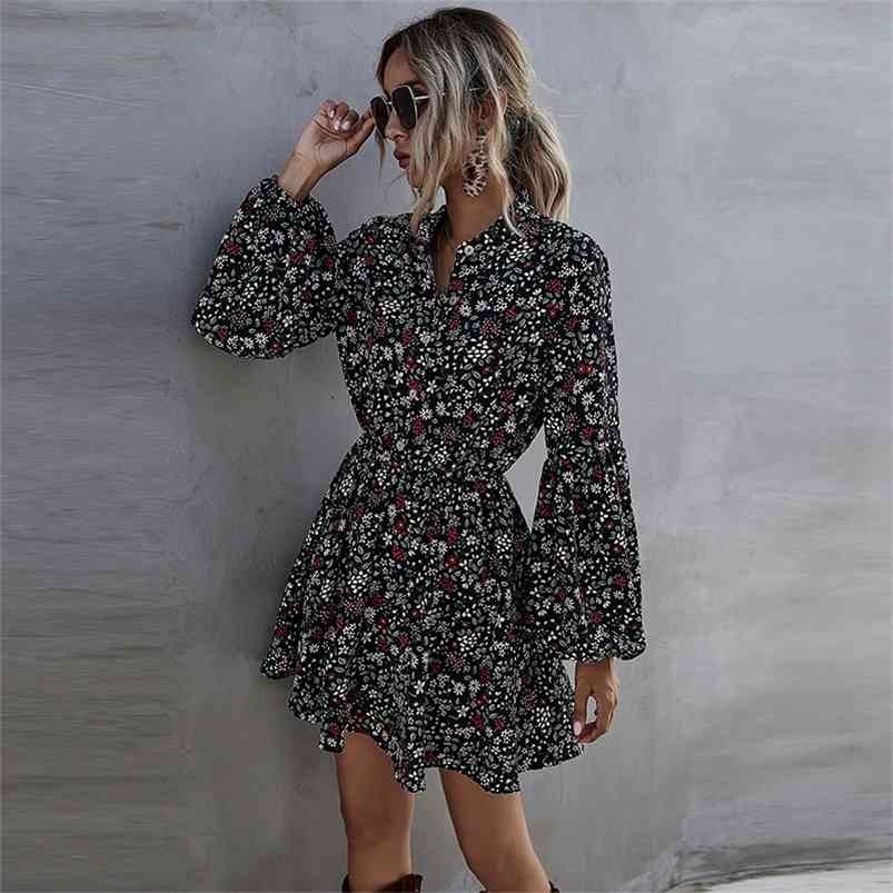 

Spring Short Print Dres Casual Lantern Sleeve Ruffles High Waist Floral For Summer 210701, Black