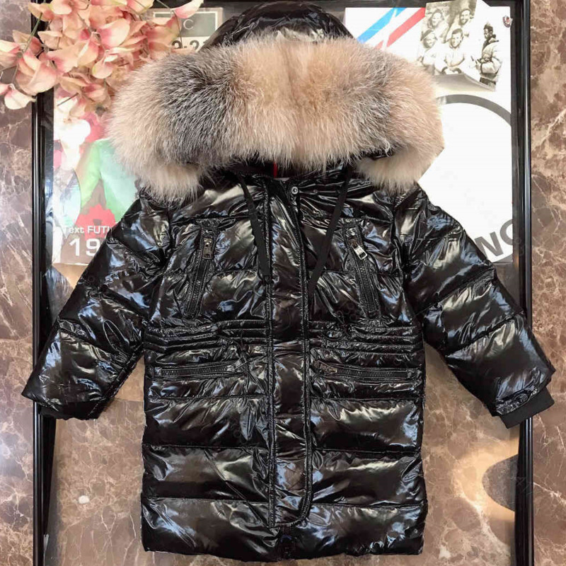 

2021ss Designer kids Down jacket hat detachable cat logo silver foxX fur collar brand winter high-end boys girls midi hoodie coat wholesale child cotton clothes a1