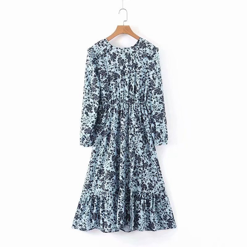 

Fashion Women Floral High Waist Dress Long Sleeve Ruffles A-line Midi Vacation Beach V neck Casual es XZ2598 210525, Blue