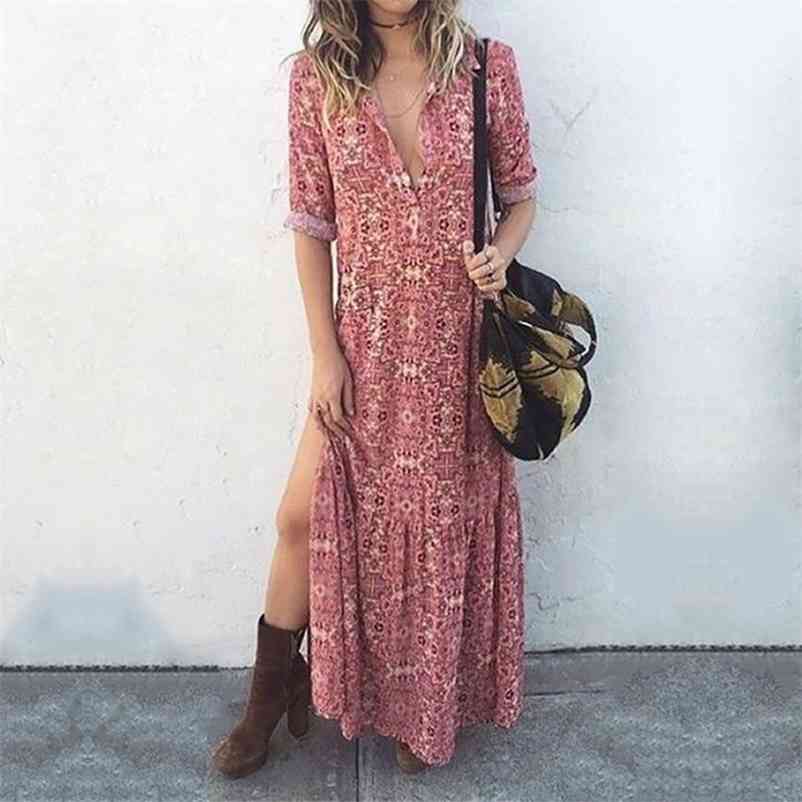 

Women Dress Printed Bohemia Sexy Long Print Floral Maxi es Sleeve Split Loose Plus Size es 210524, Red