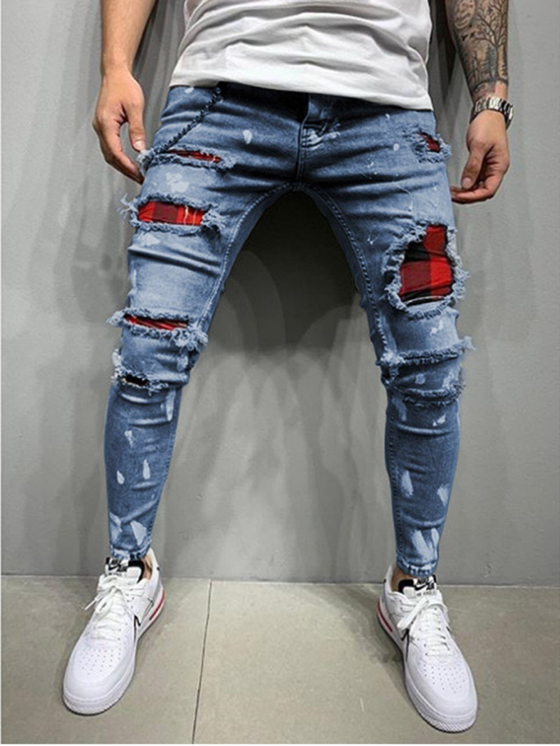 

Breathable and Comfortable Mens Jeans with Red and Black Plaid Pattern Hole Skinny Pants Cool Street Style