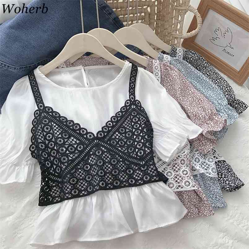 

Fake Two Pieces Patchwork Blouses Women Summer Blusas Floral Flare Sleeves Short Pullover Shirts Korean Blouse Tops 210519, Blue