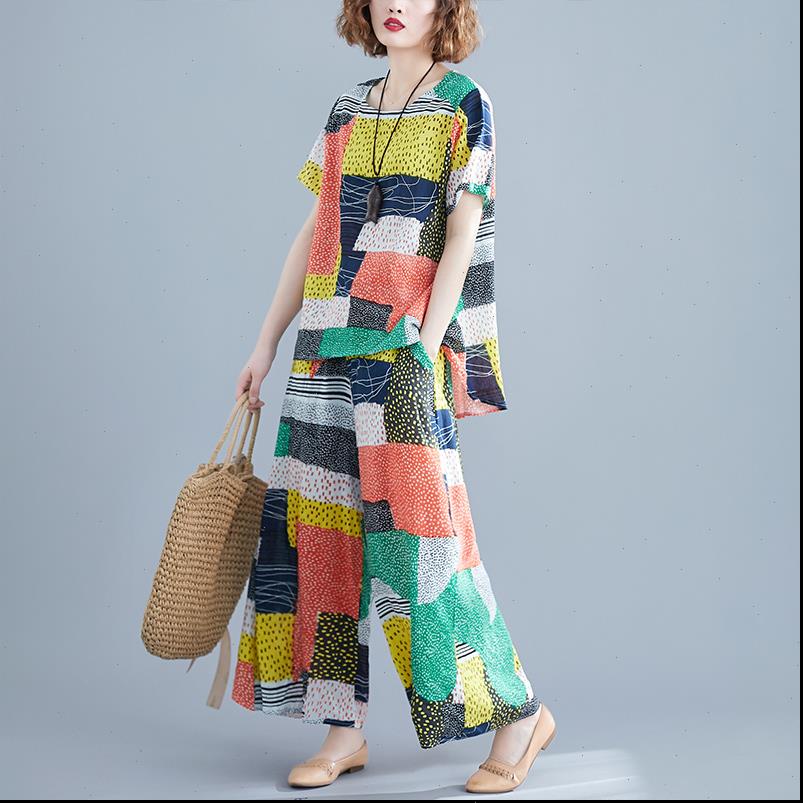 

plus size womens tracksuits women sets summer big loose female set suits cotton linen lady shirt wide leg pants, Gray