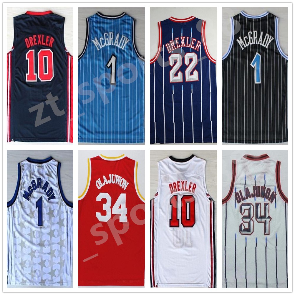 

High Quality 22 Clyde Drexler Jersey Black Red 34 Hakeem Olajuwon White Blue Stripe 3 Steve Francis Basketball Jerseys Retro Throw back, As shown in illustration