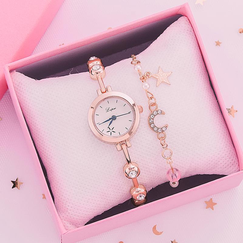 

Wristwatches 2pcs Set Fashion Watch For Women Bracelet Dress Ladies Wrist Luxury Rose Gold Quartz Clock Zegarek Damski, Rose gold white set