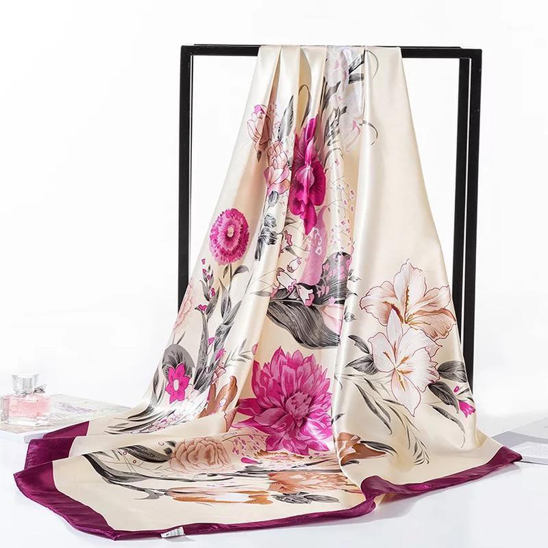 

Scarves 2021 Kerchief Women Silk Satin Hijab Scarf Fashion Print Handkerchief Bag Hair Scarfs Female 90*90cm Square Shawls Neck, Blue;gray