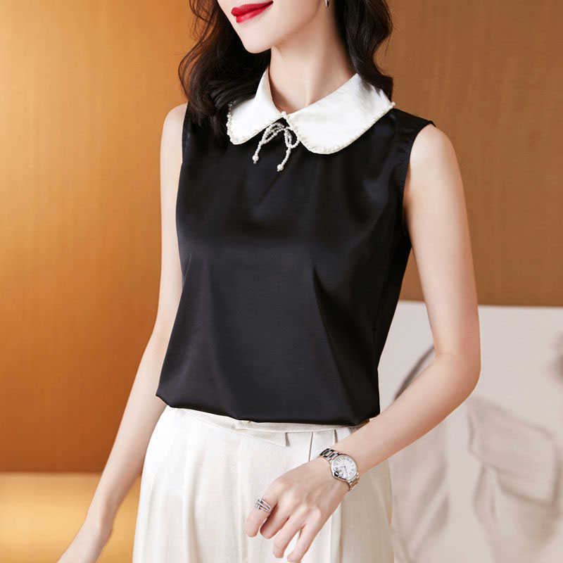 

Women Spring Summer Style Blouses Shirts Lady Casual Sleeveless Peter Pan Collar Blusas Tops DF3754 210609, White
