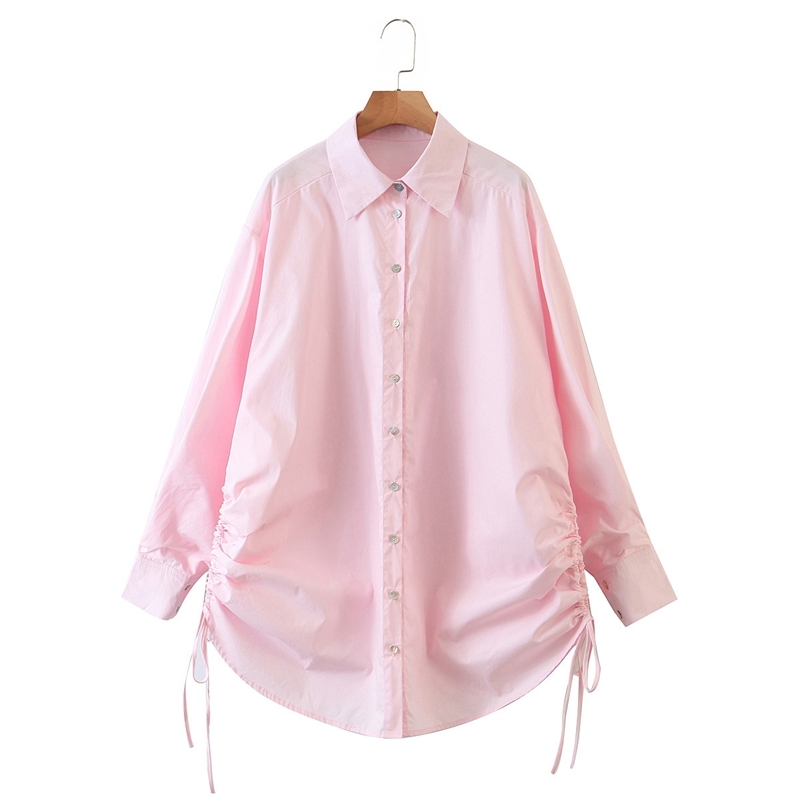 

Plus Size Women Design Cotton Blouse Long Sleeve Turn Down Collar Pleated Shirts Casual Ladies Loose Street Tops XZ2534 210525, Pink