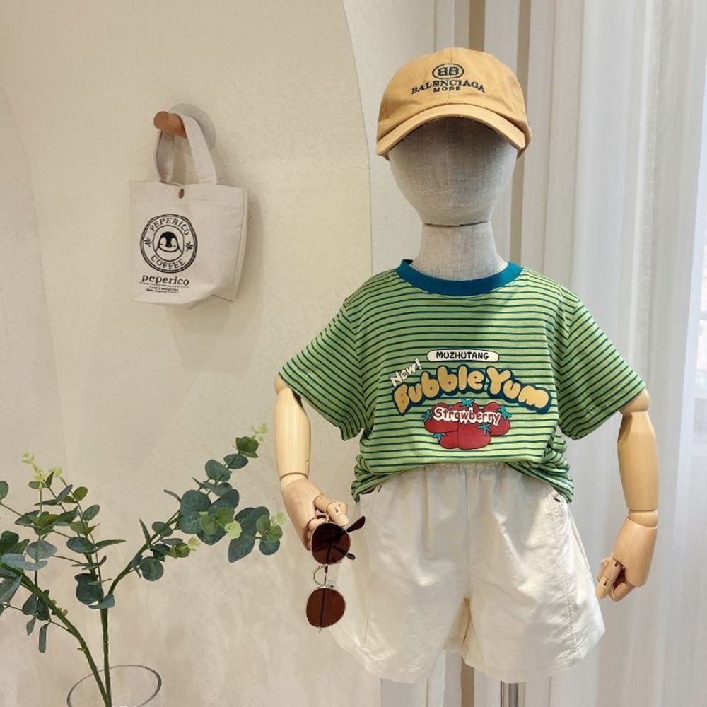 

Korean children's suit fashion men's and women's foreign style stripe short sleeve T-shirt casual shorts two piece set summer, White