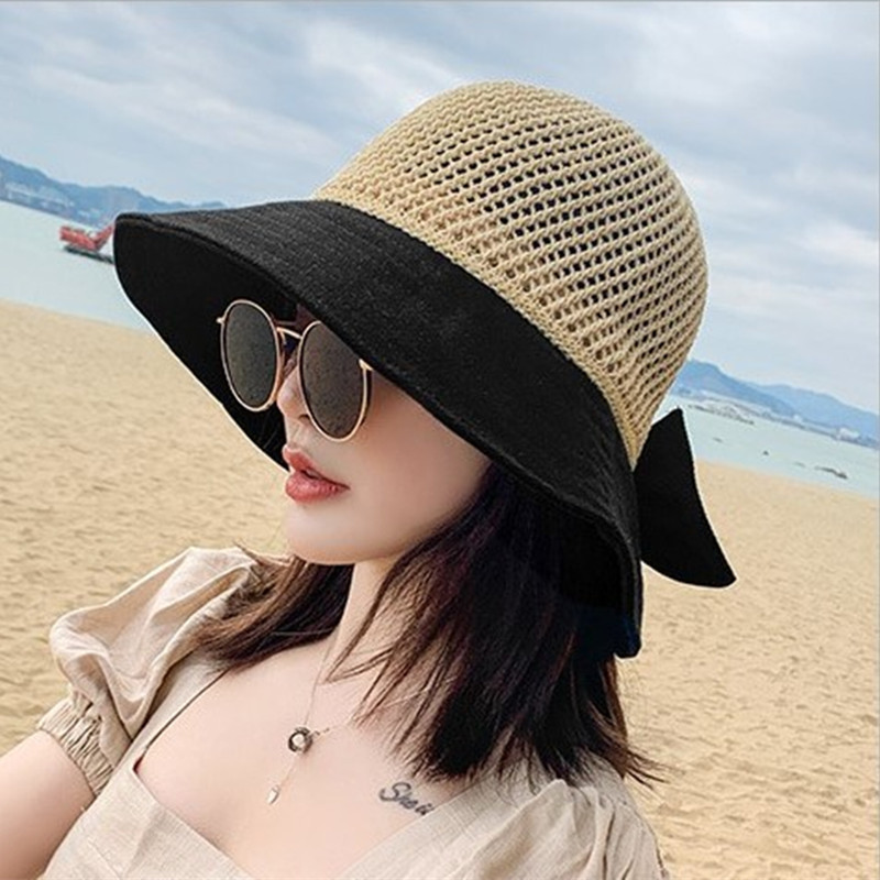 

Factory version Korean Splicing thin cut fisherman's out bow sun protection round wide brim new summer hat, Blue;gray