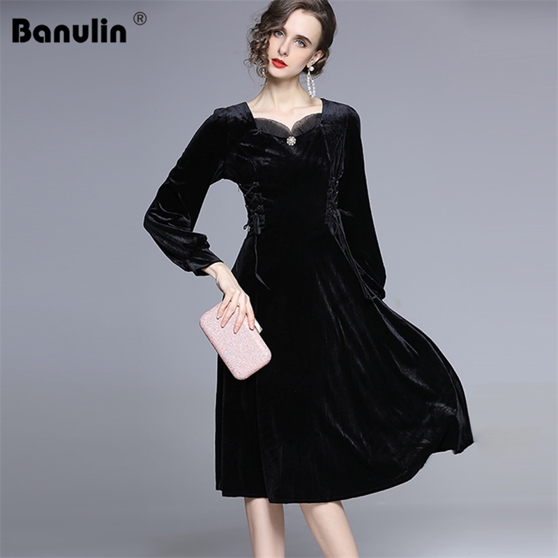 

Plus Size Women Dress Autumn Winter Black Velvet Midi Female Mesh V-Neck Pear Button Lace Up Bow Long Sleeve Party 210603