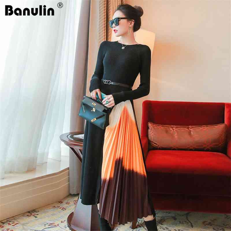 

Autumn Winter Knit Patchwork Long Dress Women Casual O-Neck Slim Bodycon robe Sweater es Office Lady THICK Midi 210603, Black