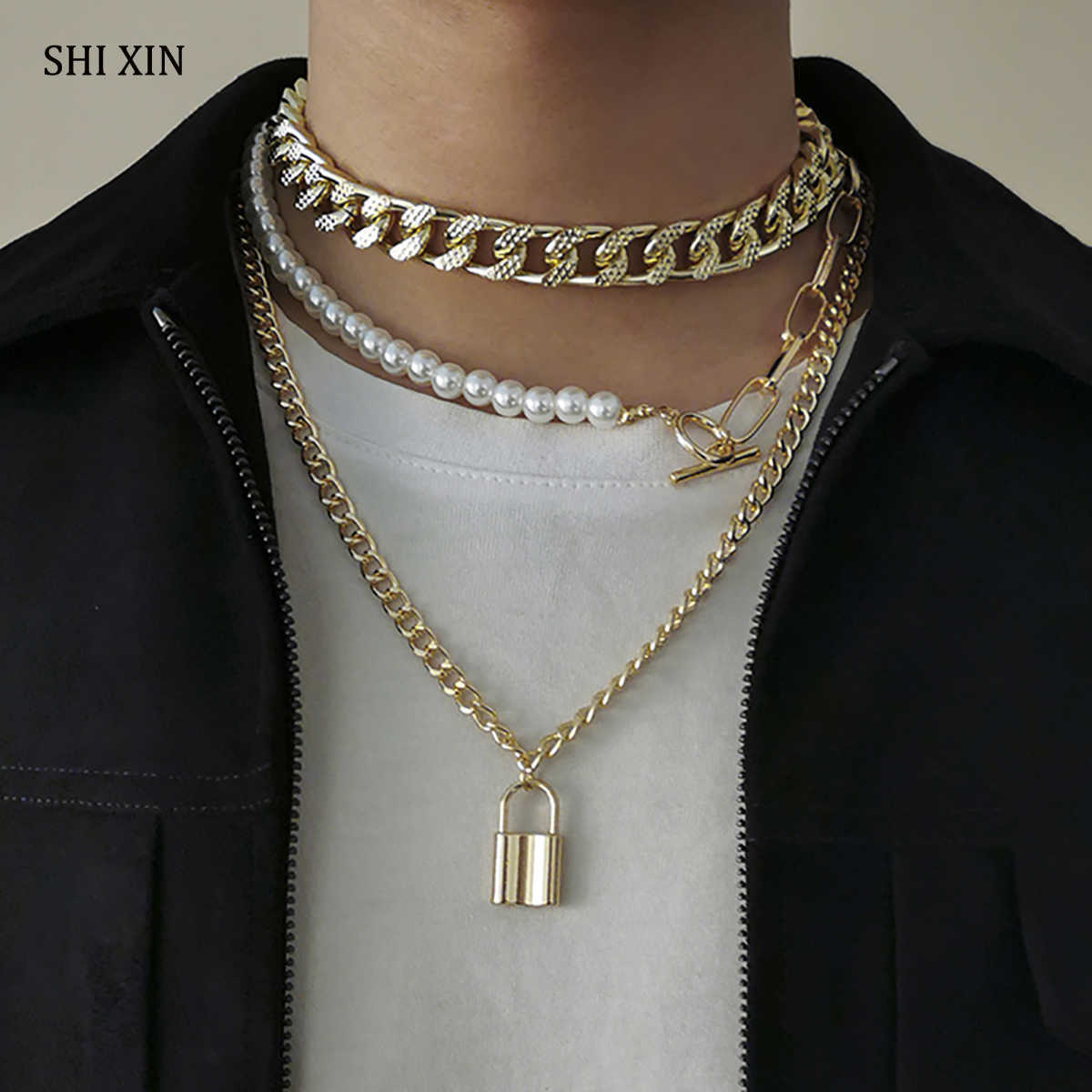 

SHIXIN 3 Pcs/Set Layered Chunky Chain Choker for Women Lock Pendant Men Asymmetry Pearl Beads Necklace on Neck