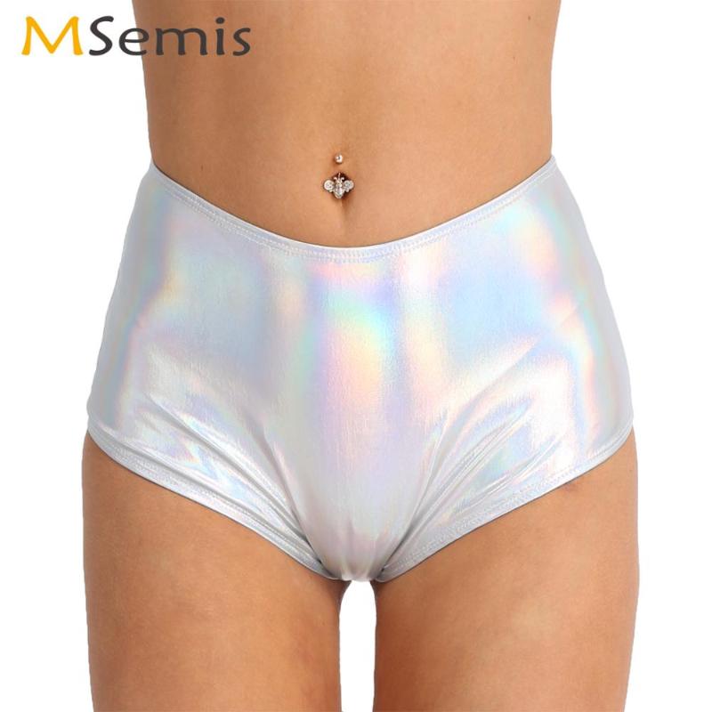 

MSemis Women Party Rave Shiny Metallic Booty Shorts Sexy High Waist Back Zipper Leather Panty Pole Dance Holographic Mini Women's Panties, Silver