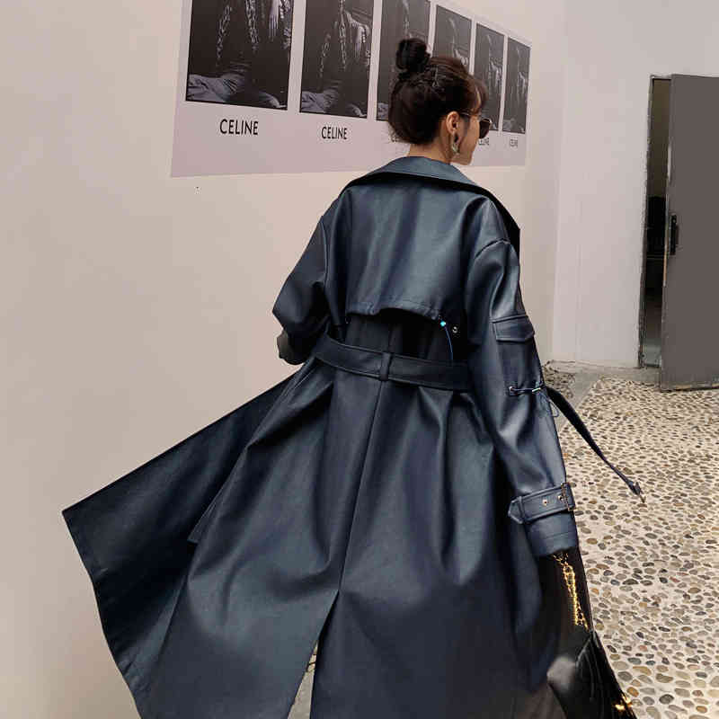 

women's trench coats casaco longo de couro pu, elegante, estilo europeu, trench coat feminino, breasted duplo com cinto, primavera, out, Tan;black