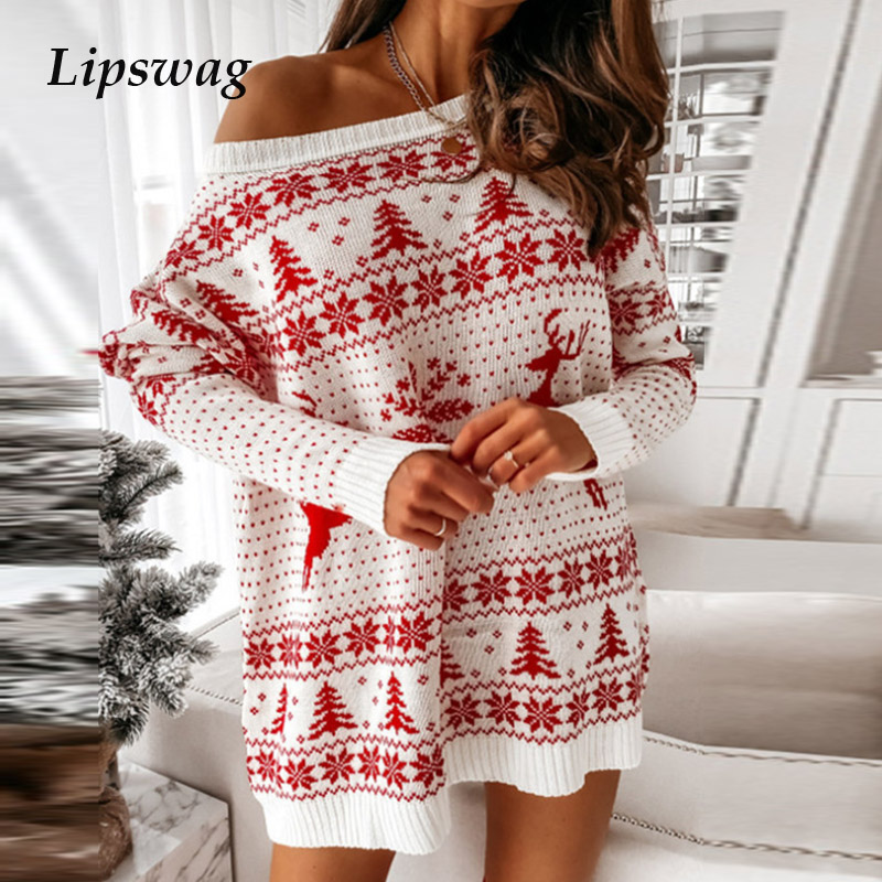 

winter autumn long sleeve knit mini dress christmas tree snowflake elk print party dress women off shoulder women sweater dresshigh quality, Black;gray
