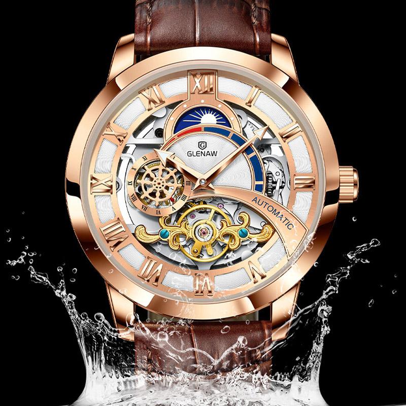 

Wristwatches Automatic Mechanical Watch Men's Luxury Casual Brand Exquisite Mirror Tourbillon Leather Clock Relogio Masculino, White