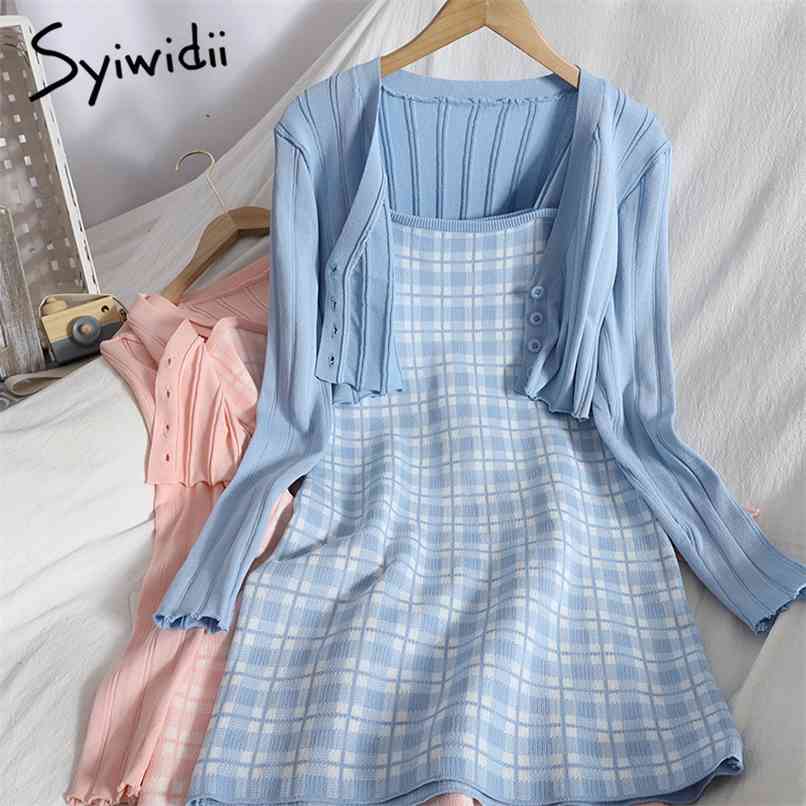 

Dresses 2 Piece Set Womens Clothing V-Neck Knitted Shirts Plaid Camis High Waist Dress Summer Korean Fashion 210607, White