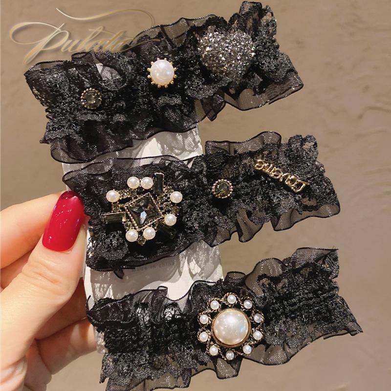 

Hair Clips & Barrettes PULATU Lace Lolita Accessories Women Black Pearl Luxury Rhinestone Jewelry Tocados Para El Pelo, Golden;silver
