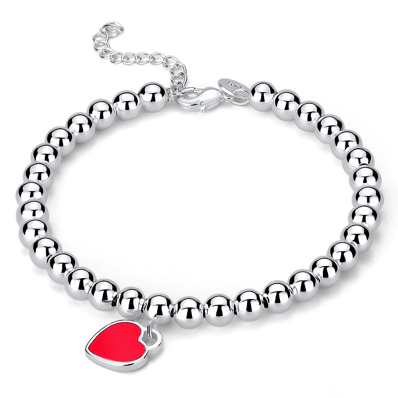 

5 mm Beaded Strands Bracelets with Heart Pendant 925 Sterling Silver Beads Ball Bracelet Fashion Jewelry