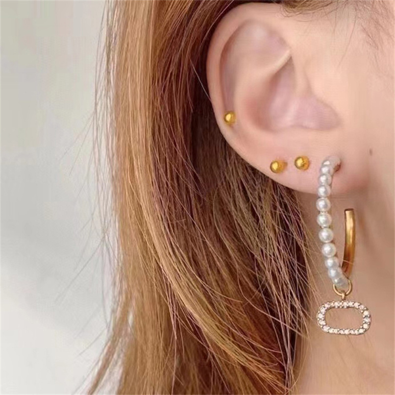 

50%off Desinger Pearl Patterns Earrings Letter D Diamond Stud for Women 925 Silver with Small Jewelry Box jers 5pcs, Golden;silver