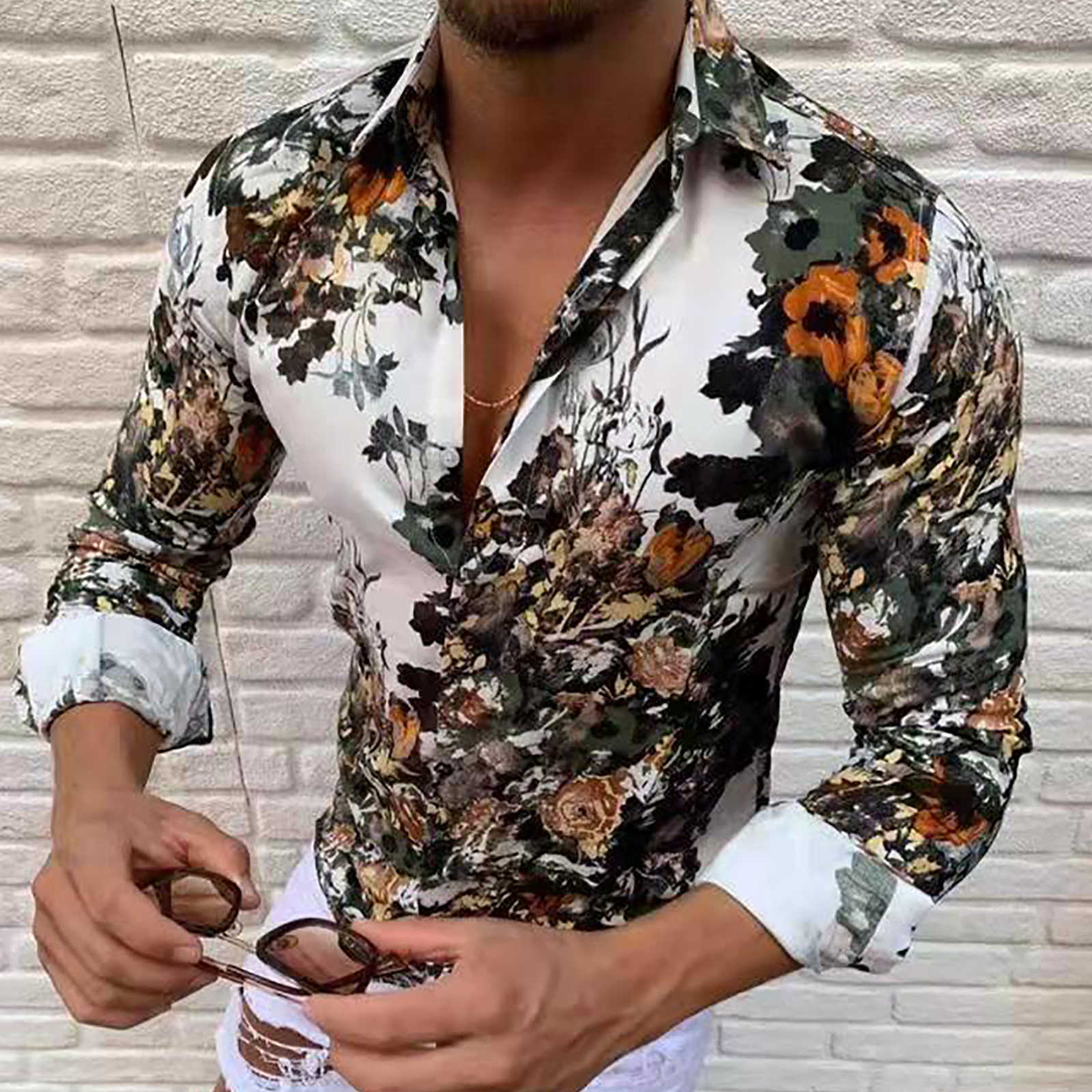 

Mens Summer Floral Print Slim Muscle Casual Shirts Tops Hawaii Long Sleeve 210721